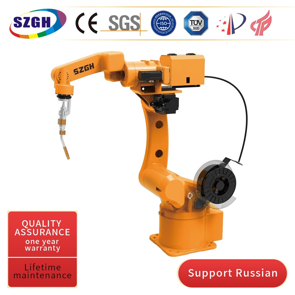 SZGH-H1500-B-6 robot is dedicated to welding robot;easy operation,high efficiency and safety; 
SZGHTECH company has 25 models robot arm in mass production:including generalpurpose,welding,spraying, palletizing,grinding and handling types.All models are equipped with an intelligent robot control system which independently developed by us. 
We also add other components to the sixaxis robots,and customize nonstandard robotic solution as customer needs Currently, 9-axis linkage robots are also mass-produced and sold.